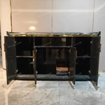 Curved Marble-Top Sideboard with Glossy Wood Veneer & Quilted Leather Accents